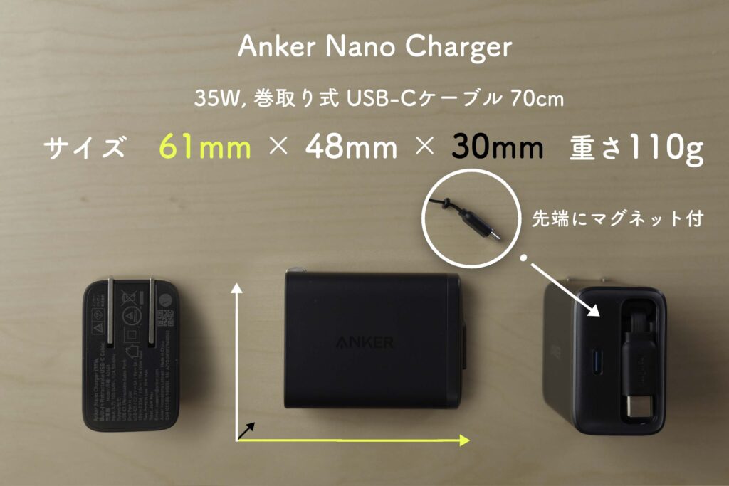 Anker Nano Charger 35W巻き取り式充電器のサイズ、重量。